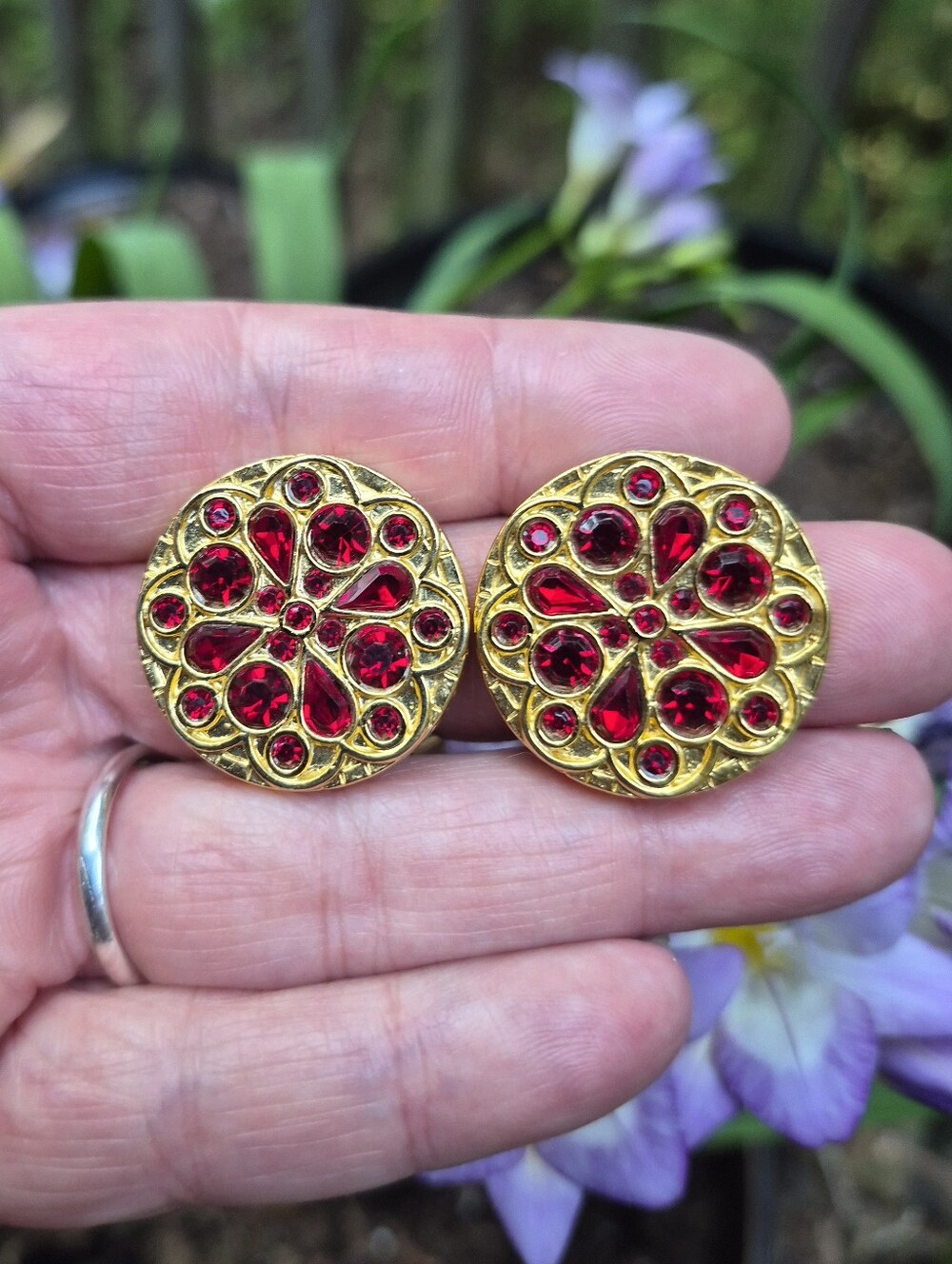 Daniel De Fasson Vintage 1990s Rare Red Bezel Set Rhinestone Clip-on Earrings